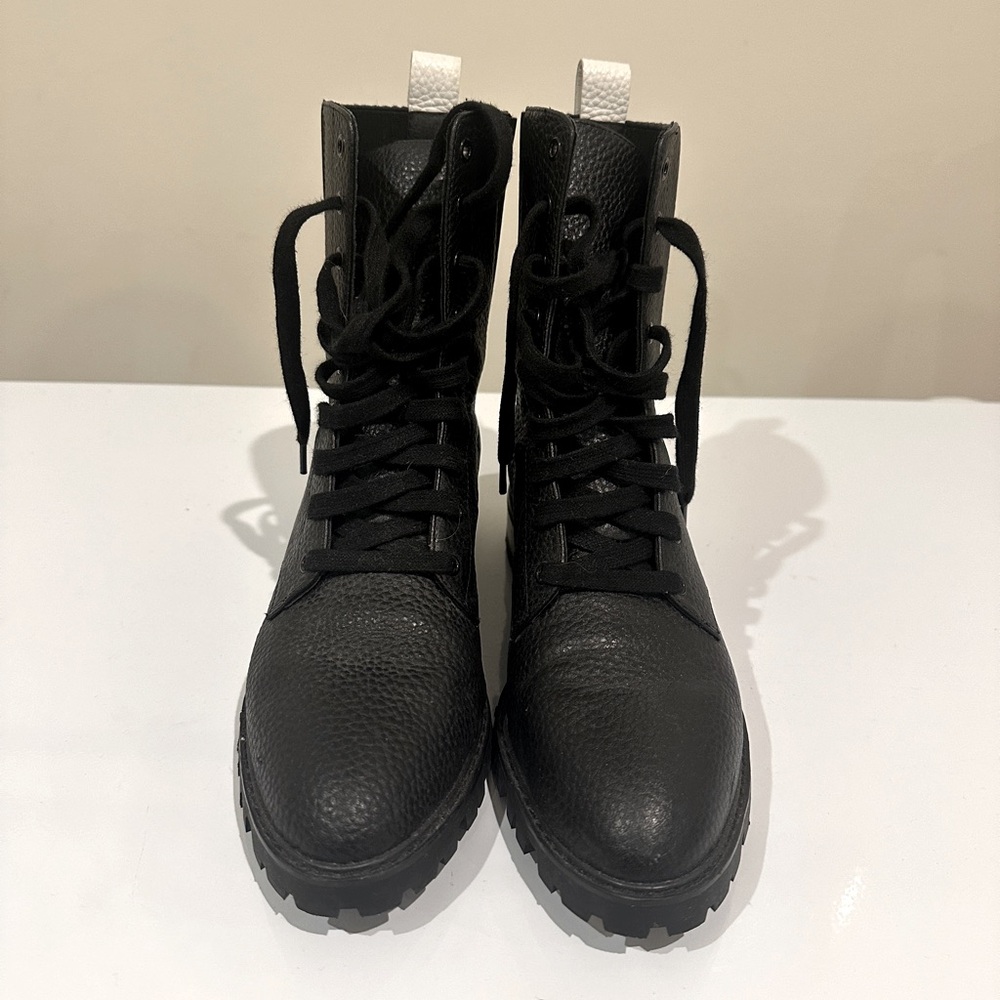 Sleek SENSO Black Leather Combat Booties with White Stripe
